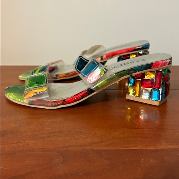 Fashion Nova Colorful Jeweled Block Heel Sandals | Clear Strap Statement Heels - Picture 6 of 9